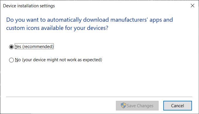 Windows 10: Device Installation Settings Dialog