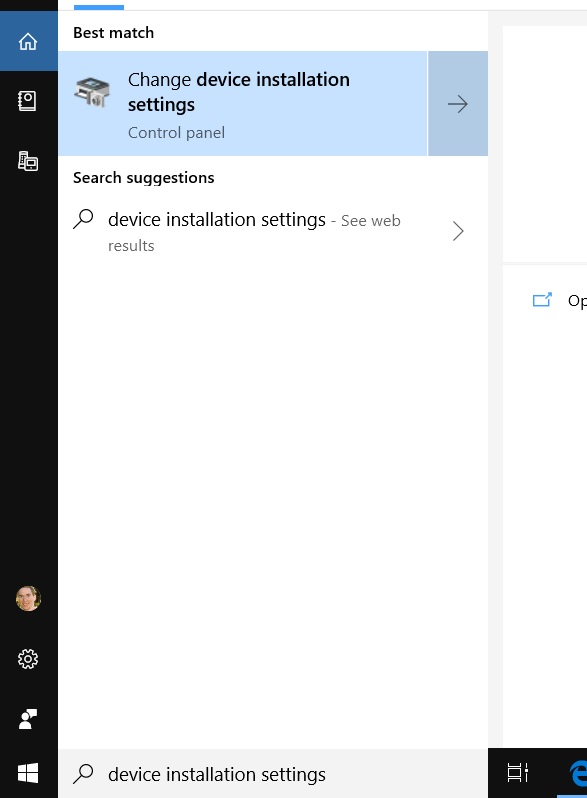Searching for Windows 10 'Device Installation Settings'.